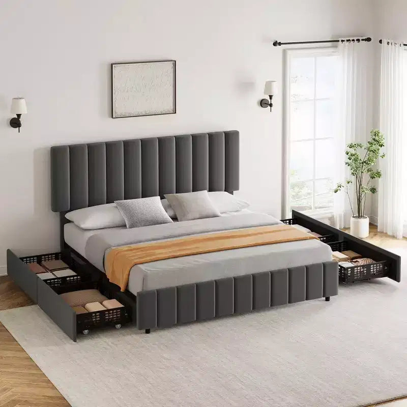 Estructura de cama tapizada en lino negro/gris/blanco con cajones de almacenamiento — Matrimonial / Queen / King, para 1 persona