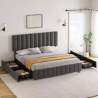 Estructura de cama tapizada en lino negro/gris/blanco con cajones de almacenamiento — Matrimonial / Queen / King, para 1 persona