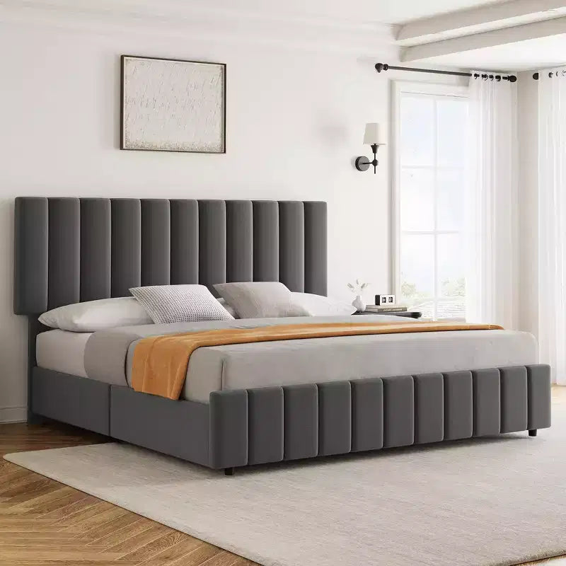 Estructura de cama tapizada en lino negro/gris/blanco con cajones de almacenamiento — Matrimonial / Queen / King, para 1 persona