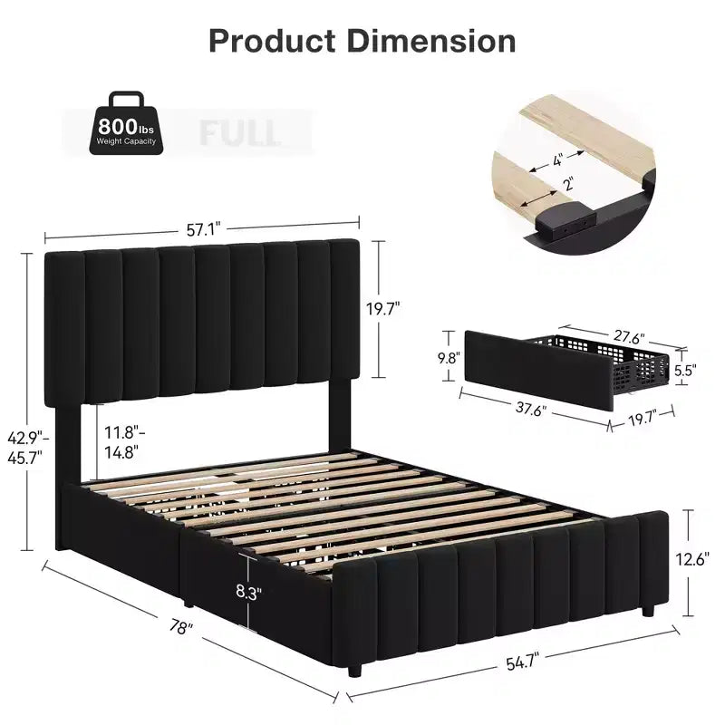 Estructura de cama tapizada en lino negro/gris/blanco con cajones de almacenamiento — Matrimonial / Queen / King, para 1 persona