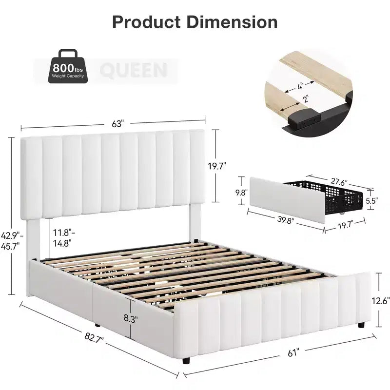 Estructura de cama tapizada en lino negro/gris/blanco con cajones de almacenamiento — Matrimonial / Queen / King, para 1 persona