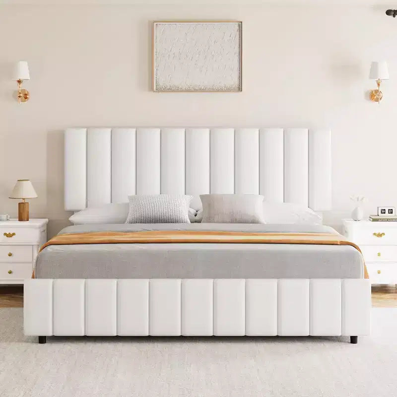Estructura de cama tapizada en lino negro/gris/blanco con cajones de almacenamiento — Matrimonial / Queen / King, para 1 persona