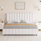 Estructura de cama tapizada en lino negro/gris/blanco con cajones de almacenamiento — Matrimonial / Queen / King, para 1 persona