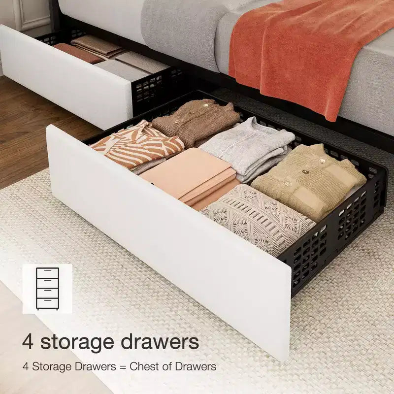 Estructura de cama tapizada en lino negro/gris/blanco con cajones de almacenamiento — Matrimonial / Queen / King, para 1 persona