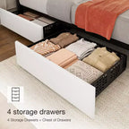 Estructura de cama tapizada en lino negro/gris/blanco con cajones de almacenamiento — Matrimonial / Queen / King, para 1 persona