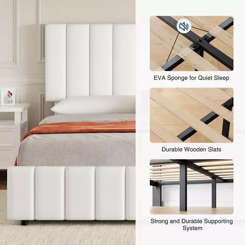 Estructura de cama tapizada en lino negro/gris/blanco con cajones de almacenamiento — Matrimonial / Queen / King, para 1 persona