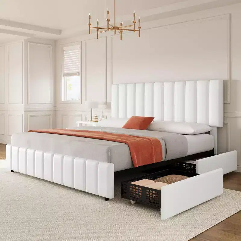 Estructura de cama tapizada en lino negro/gris/blanco con cajones de almacenamiento — Matrimonial / Queen / King, para 1 persona
