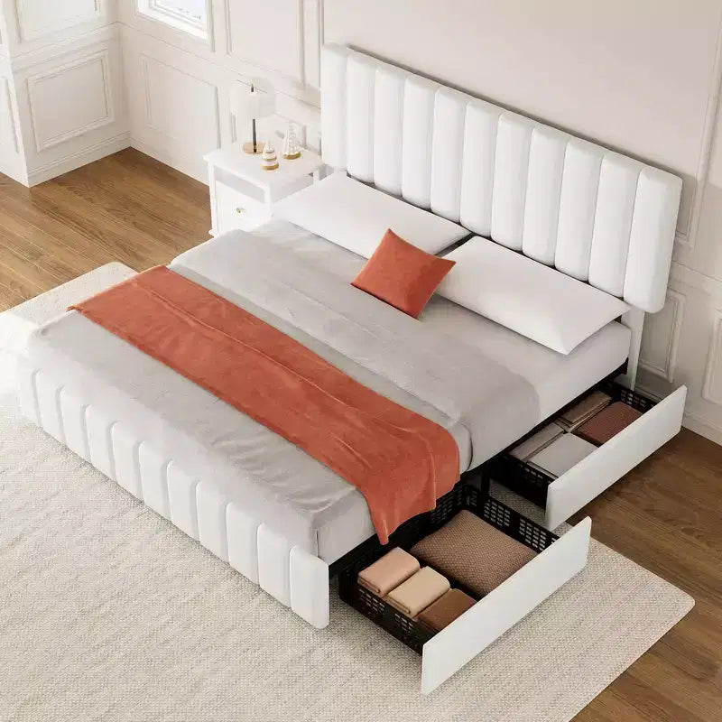 Estructura de cama tapizada en lino negro/gris/blanco con cajones de almacenamiento — Matrimonial / Queen / King, para 1 persona