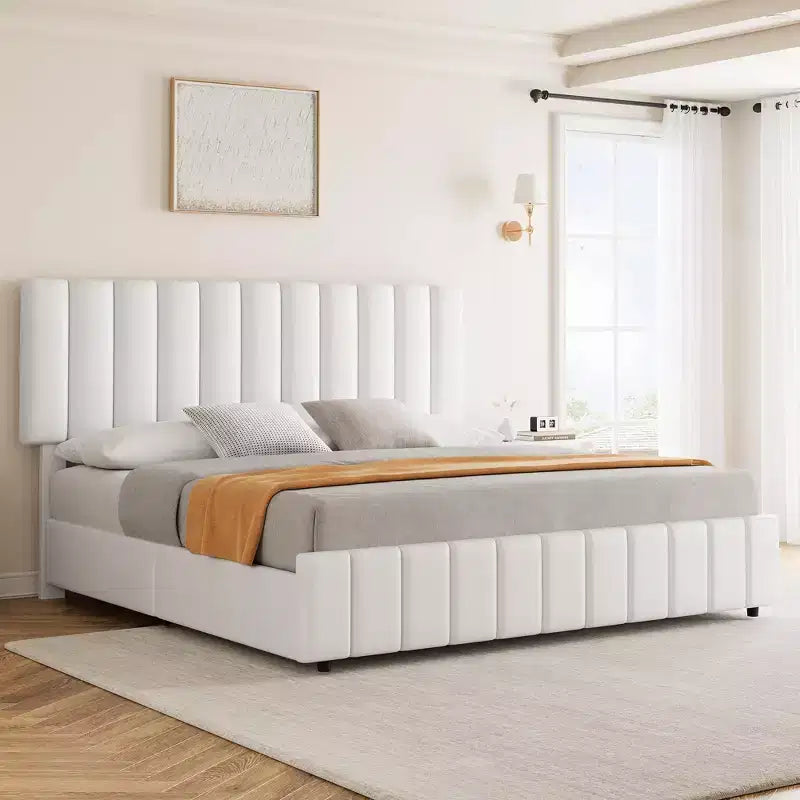Estructura de cama tapizada en lino negro/gris/blanco con cajones de almacenamiento — Matrimonial / Queen / King, para 1 persona