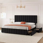 Estructura de cama tapizada en lino negro/gris/blanco con cajones de almacenamiento — Matrimonial / Queen / King, para 1 persona