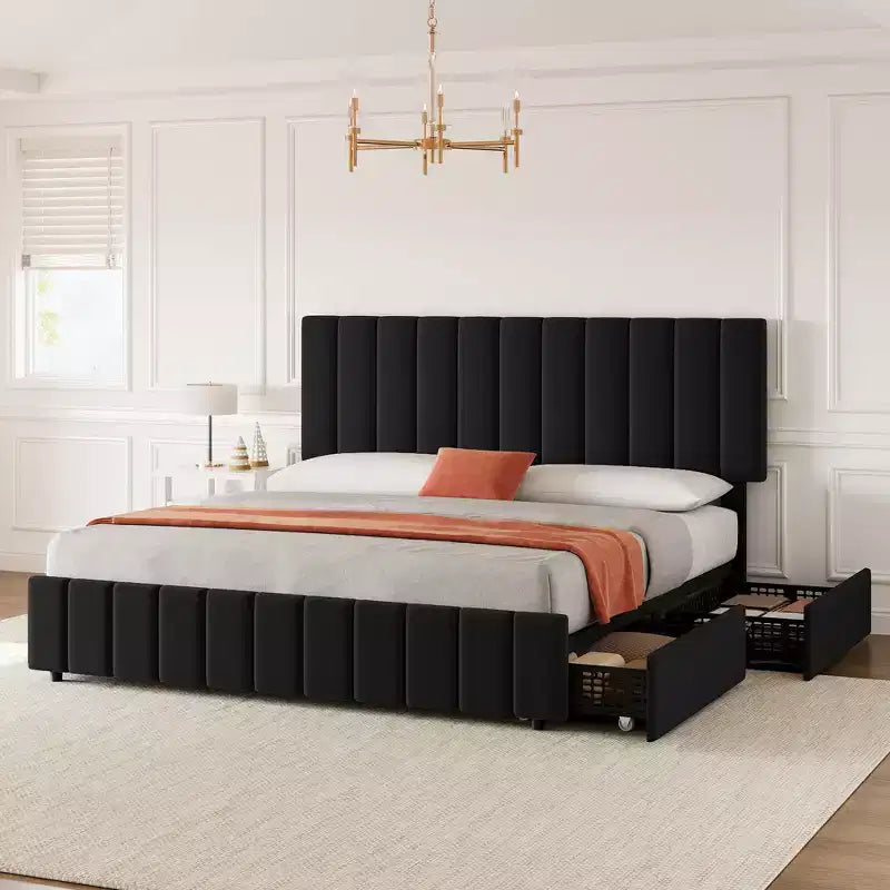 Estructura de cama tapizada en lino negro/gris/blanco con cajones de almacenamiento — Matrimonial / Queen / King, para 1 persona