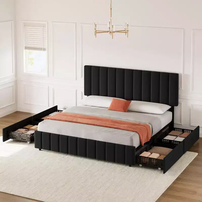Estructura de cama tapizada en lino negro/gris/blanco con cajones de almacenamiento — Matrimonial / Queen / King, para 1 persona