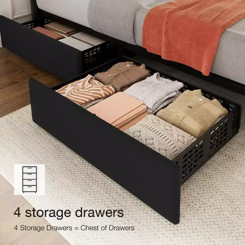 Estructura de cama tapizada en lino negro/gris/blanco con cajones de almacenamiento — Matrimonial / Queen / King, para 1 persona