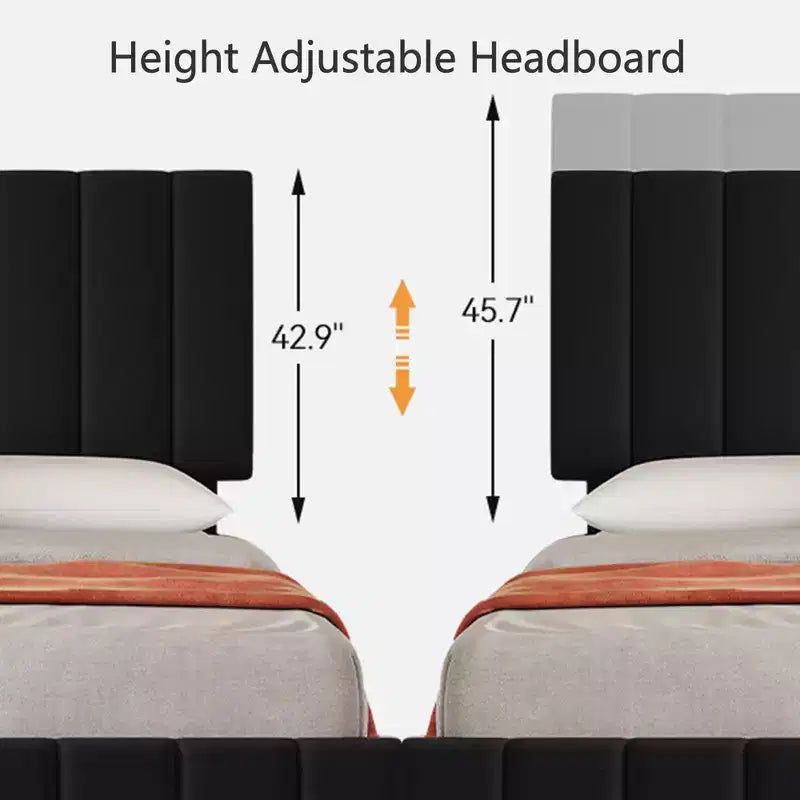 Estructura de cama tapizada en lino negro/gris/blanco con cajones de almacenamiento — Matrimonial / Queen / King, para 1 persona