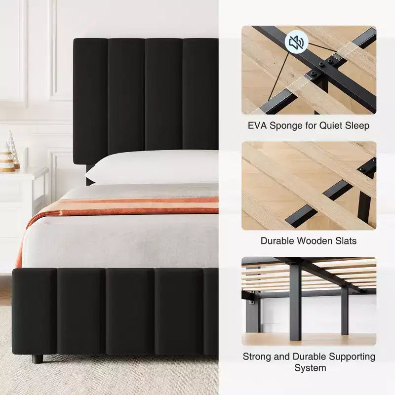Estructura de cama tapizada en lino negro/gris/blanco con cajones de almacenamiento — Matrimonial / Queen / King, para 1 persona