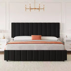 Estructura de cama tapizada en lino negro/gris/blanco con cajones de almacenamiento — Matrimonial / Queen / King, para 1 persona