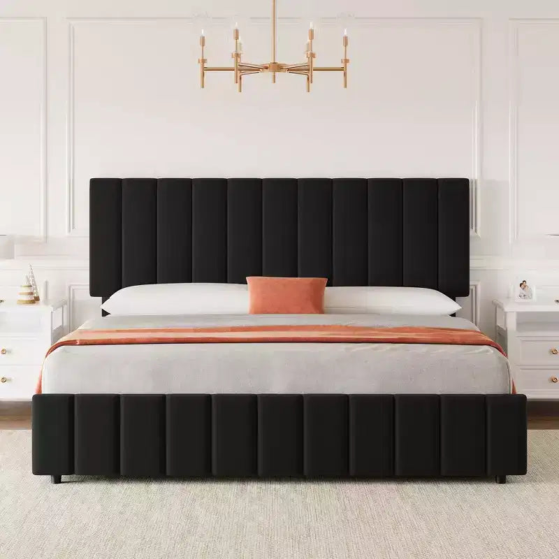 Estructura de cama tapizada en lino negro/gris/blanco con cajones de almacenamiento — Matrimonial / Queen / King, para 1 persona
