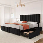 Estructura de cama tapizada en lino negro/gris/blanco con cajones de almacenamiento — Matrimonial / Queen / King, para 1 persona