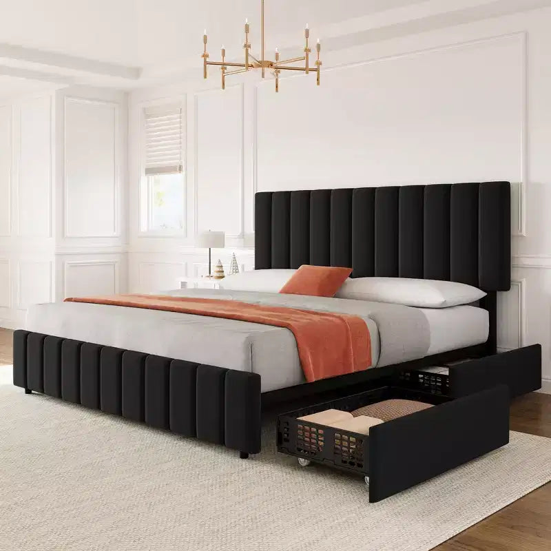 Estructura de cama tapizada en lino negro/gris/blanco con cajones de almacenamiento — Matrimonial / Queen / King, para 1 persona