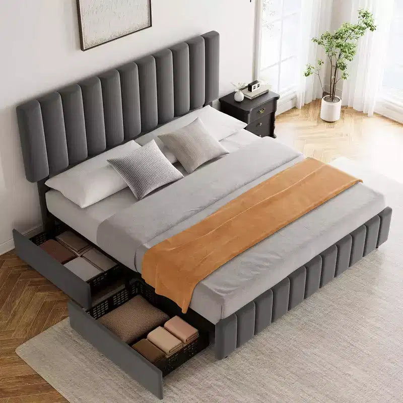 Estructura de cama tapizada en lino negro/gris/blanco con cajones de almacenamiento — Matrimonial / Queen / King, para 1 persona