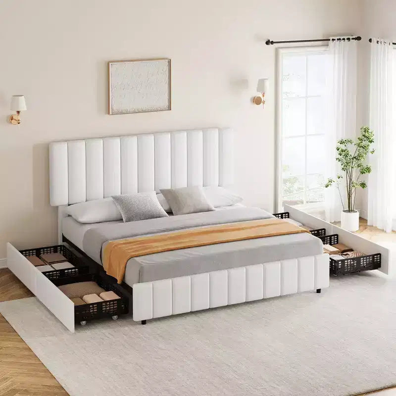 Estructura de cama tapizada en lino negro/gris/blanco con cajones de almacenamiento — Matrimonial / Queen / King, para 1 persona