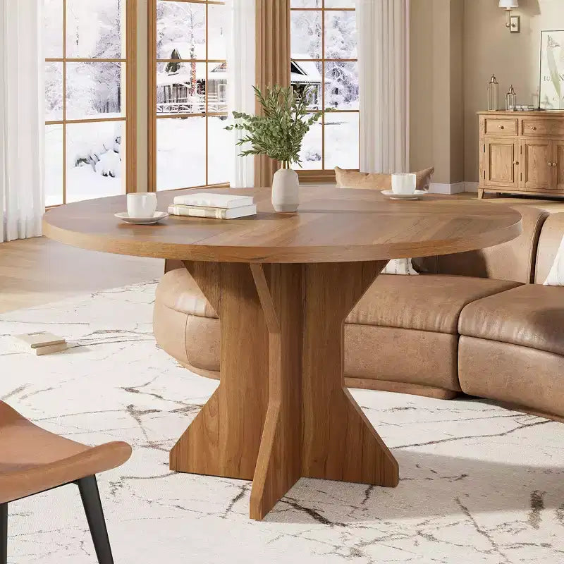 Mesa de Comedor Redonda de 47" – Negro / Marrón / Marrón Rojizo, con capacidad para 4-6 personas, Base de Madera con Patas en K
