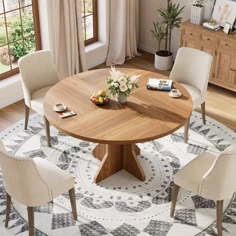 Mesa de Comedor Redonda de 47" – Negro / Marrón / Marrón Rojizo, con capacidad para 4-6 personas, Base de Madera con Patas en K