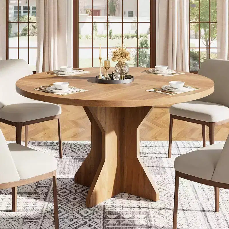 Mesa de Comedor Redonda de 47" – Negro / Marrón / Marrón Rojizo, con capacidad para 4-6 personas, Base de Madera con Patas en K