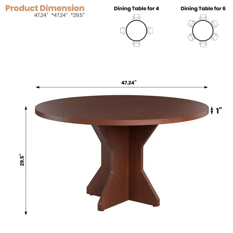 Mesa de Comedor Redonda de 47" – Negro / Marrón / Marrón Rojizo, con capacidad para 4-6 personas, Base de Madera con Patas en K