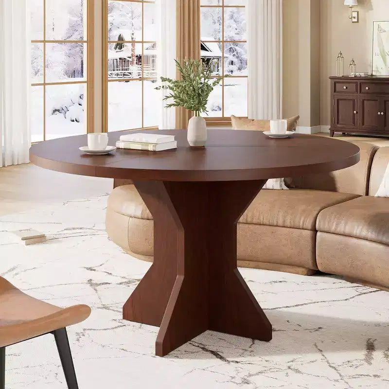 Mesa de Comedor Redonda de 47" – Negro / Marrón / Marrón Rojizo, con capacidad para 4-6 personas, Base de Madera con Patas en K