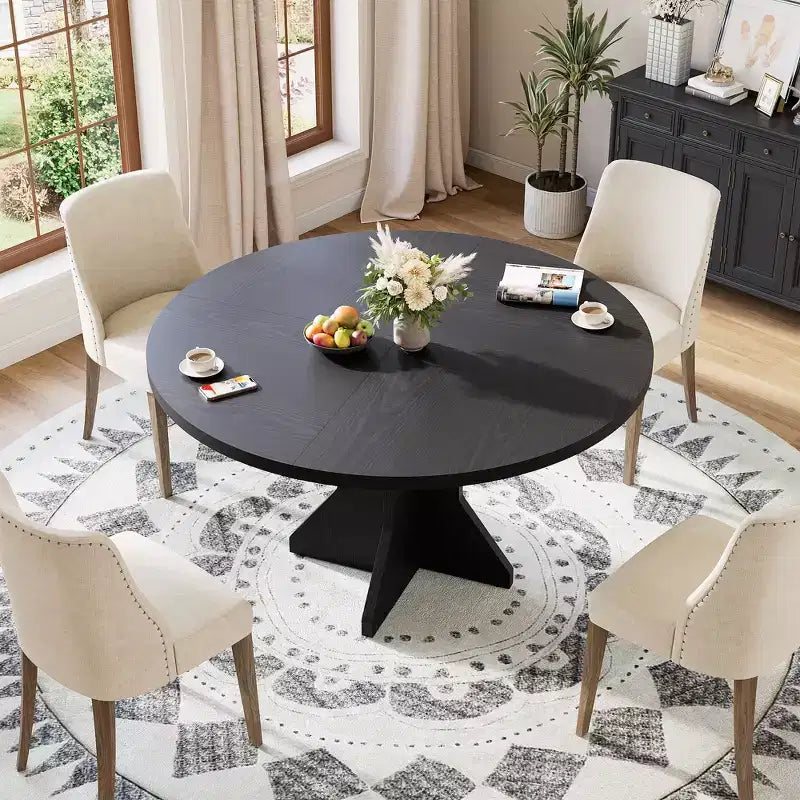 Mesa de Comedor Redonda de 47" – Negro / Marrón / Marrón Rojizo, con capacidad para 4-6 personas, Base de Madera con Patas en K
