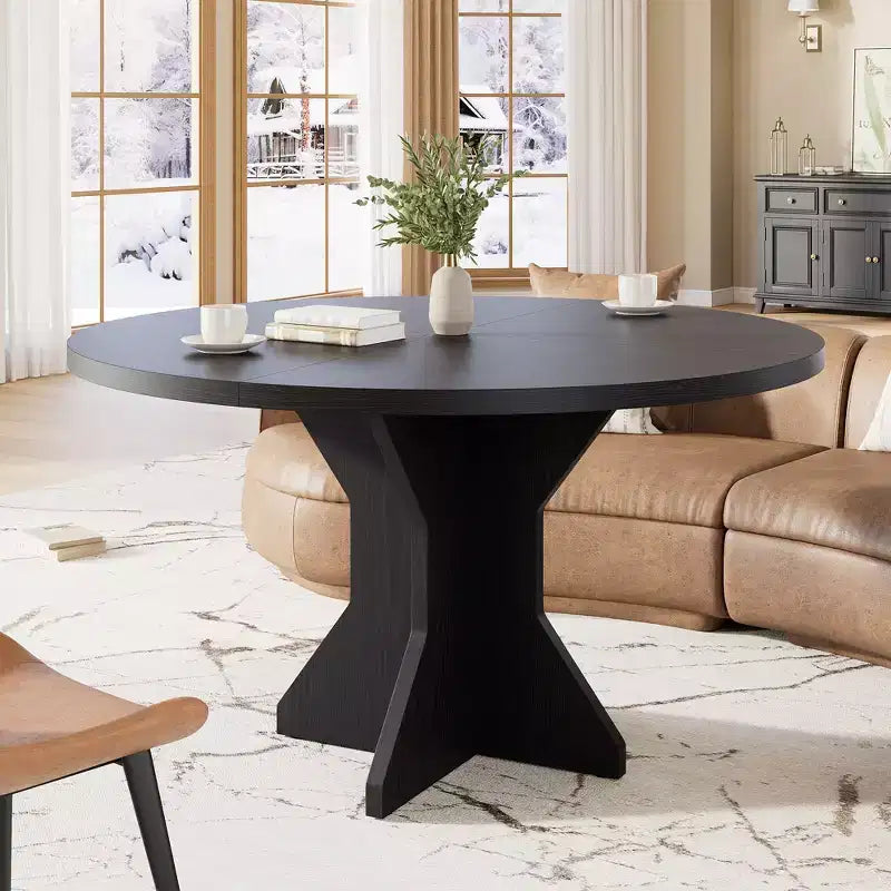 Mesa de Comedor Redonda de 47" – Negro / Marrón / Marrón Rojizo, con capacidad para 4-6 personas, Base de Madera con Patas en K
