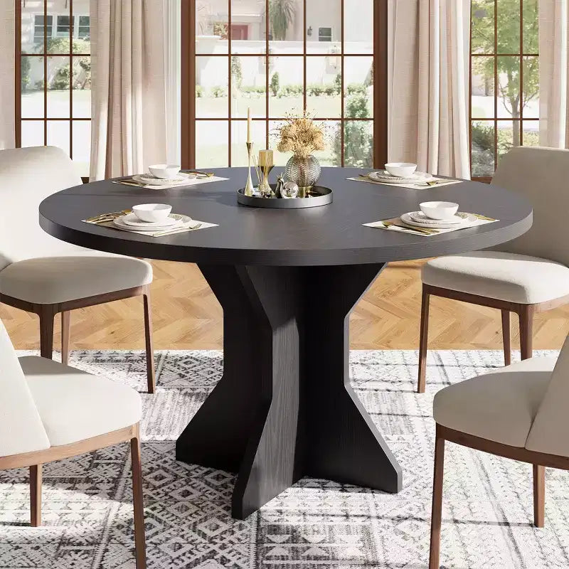Mesa de Comedor Redonda de 47" – Negro / Marrón / Marrón Rojizo, con capacidad para 4-6 personas, Base de Madera con Patas en K