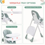 Silla alta plegable gris/verde/caqui con bandeja extraíble, para 1 niño pequeño (de 1 a 4 años)