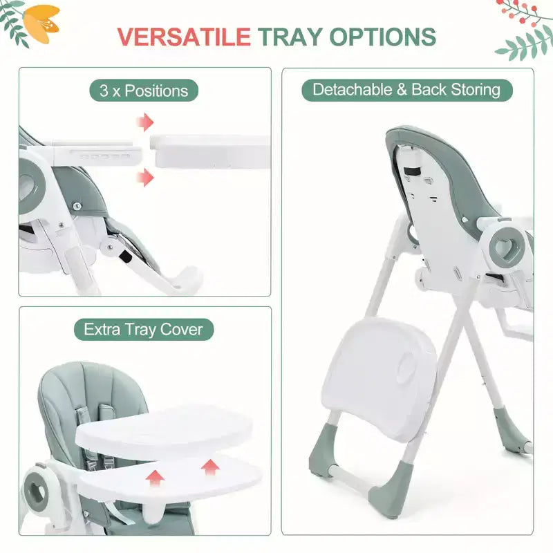 Silla alta plegable gris/verde/caqui con bandeja extraíble, para 1 niño pequeño (de 1 a 4 años)