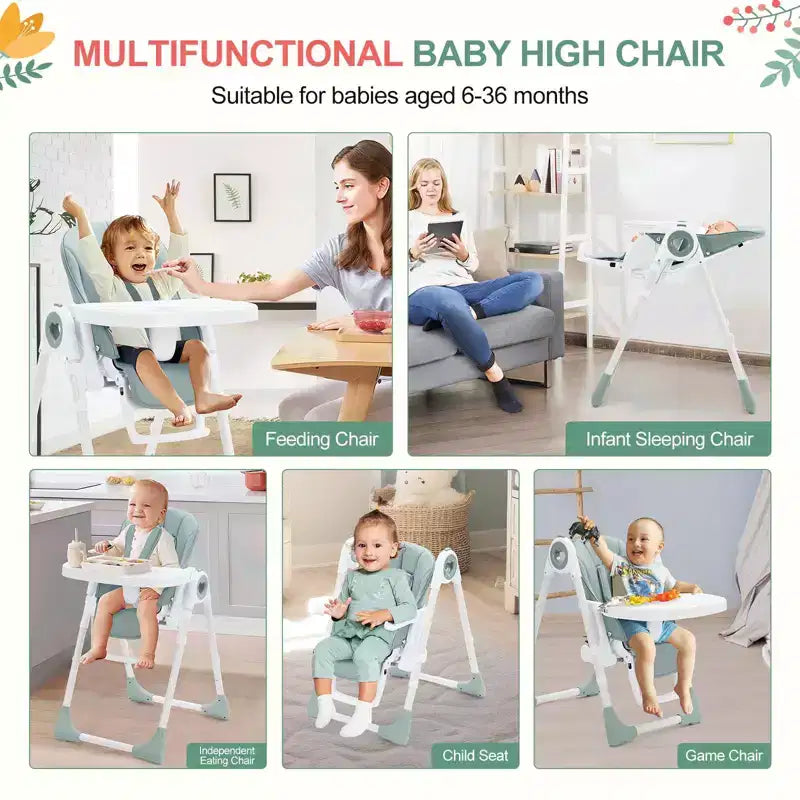 Silla alta plegable gris/verde/caqui con bandeja extraíble, para 1 niño pequeño (de 1 a 4 años)