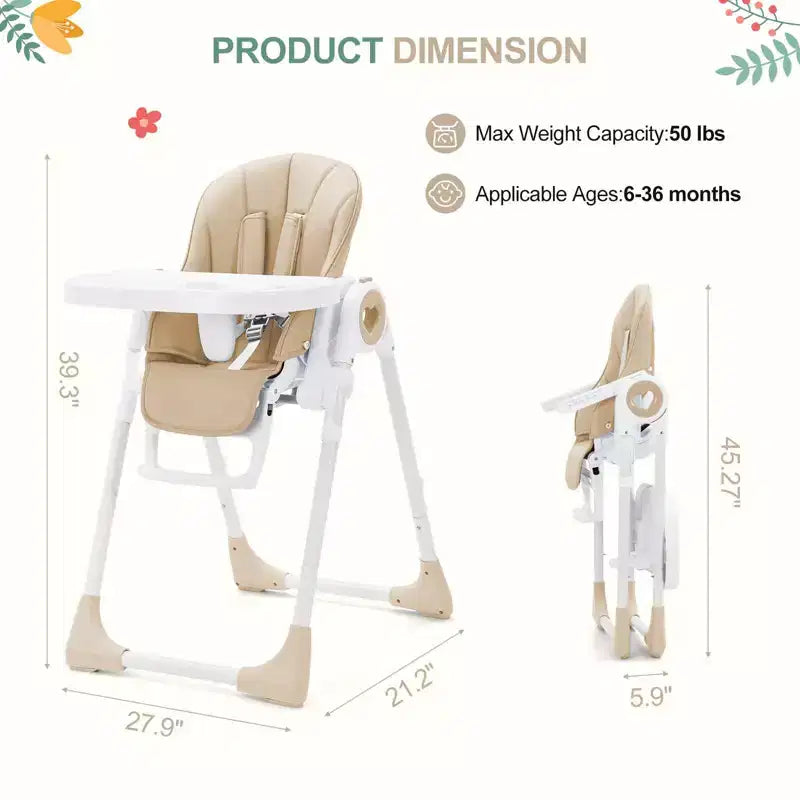 Silla alta plegable gris/verde/caqui con bandeja extraíble, para 1 niño pequeño (de 1 a 4 años)