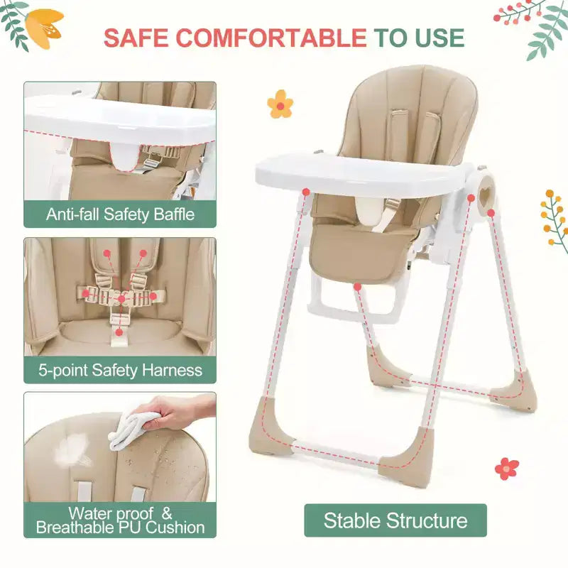 Silla alta plegable gris/verde/caqui con bandeja extraíble, para 1 niño pequeño (de 1 a 4 años)
