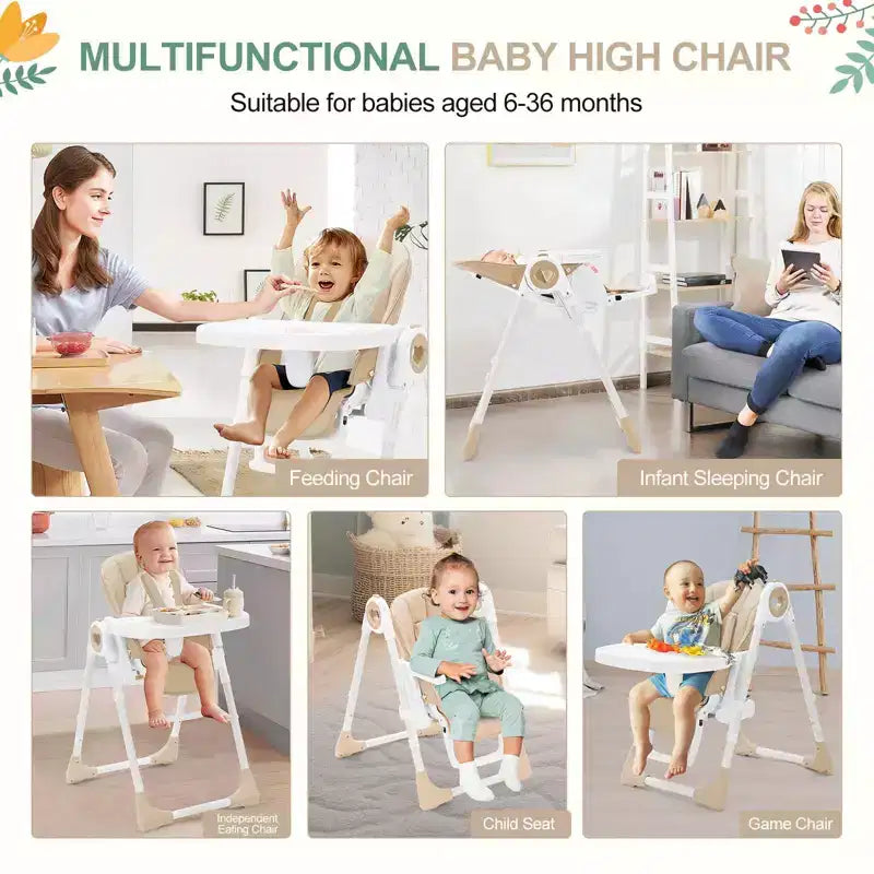 Silla alta plegable gris/verde/caqui con bandeja extraíble, para 1 niño pequeño (de 1 a 4 años)