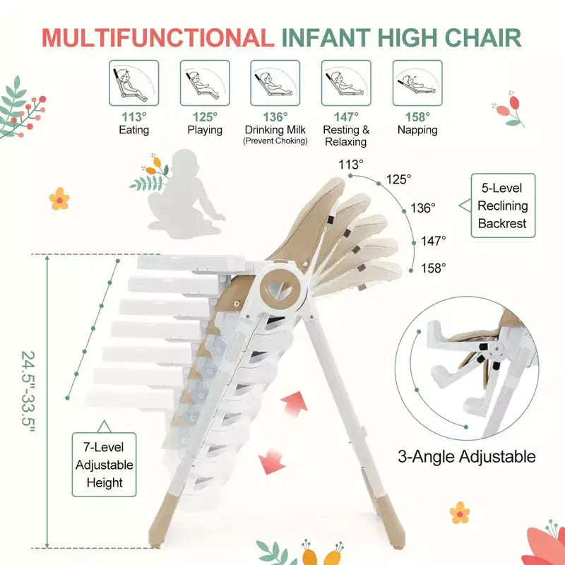 Silla alta plegable gris/verde/caqui con bandeja extraíble, para 1 niño pequeño (de 1 a 4 años)