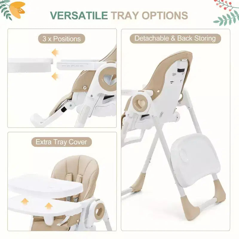 Silla alta plegable gris/verde/caqui con bandeja extraíble, para 1 niño pequeño (de 1 a 4 años)