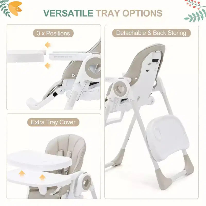 Silla alta plegable gris/verde/caqui con bandeja extraíble, para 1 niño pequeño (de 1 a 4 años)