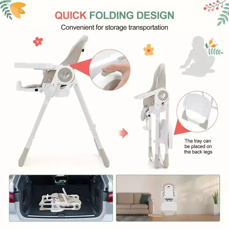 Silla alta plegable gris/verde/caqui con bandeja extraíble, para 1 niño pequeño (de 1 a 4 años)