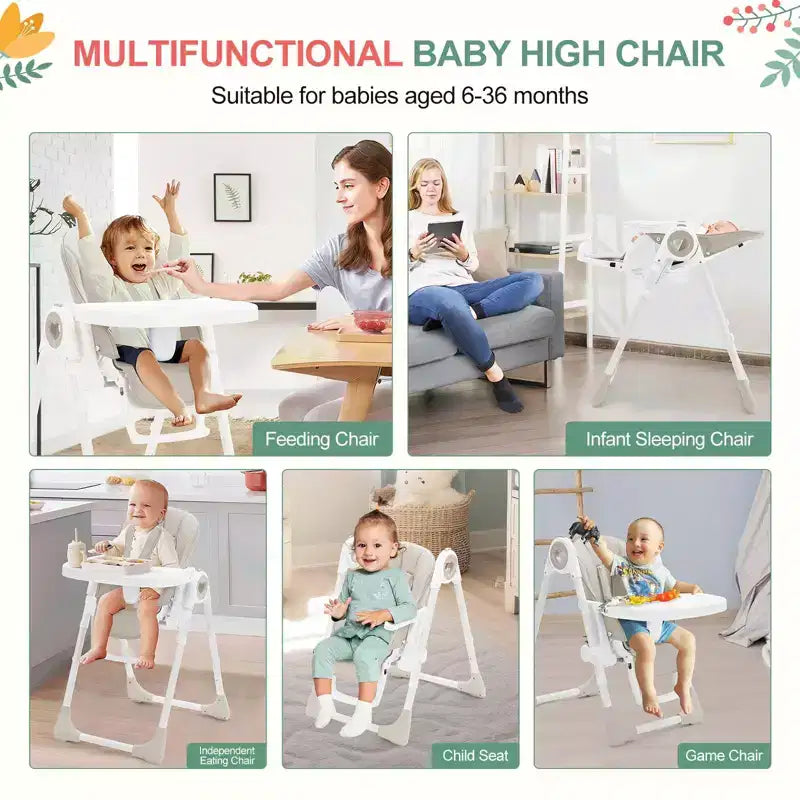 Silla alta plegable gris/verde/caqui con bandeja extraíble, para 1 niño pequeño (de 1 a 4 años)