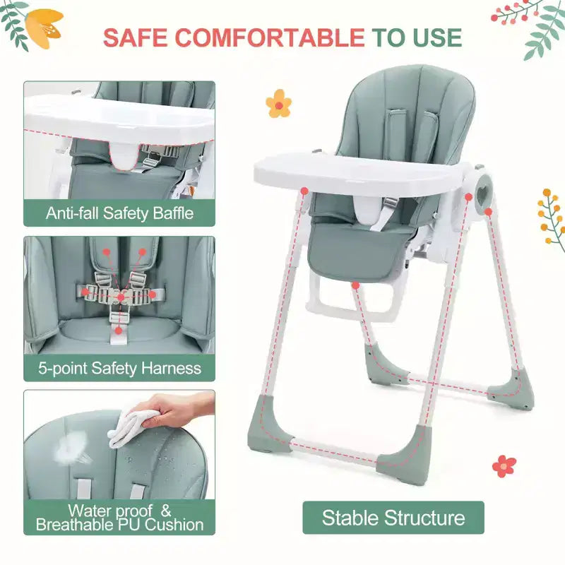 Silla alta plegable gris/verde/caqui con bandeja extraíble, para 1 niño pequeño (de 1 a 4 años)