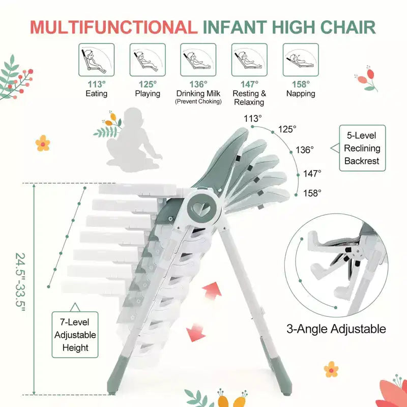 Silla alta plegable gris/verde/caqui con bandeja extraíble, para 1 niño pequeño (de 1 a 4 años)