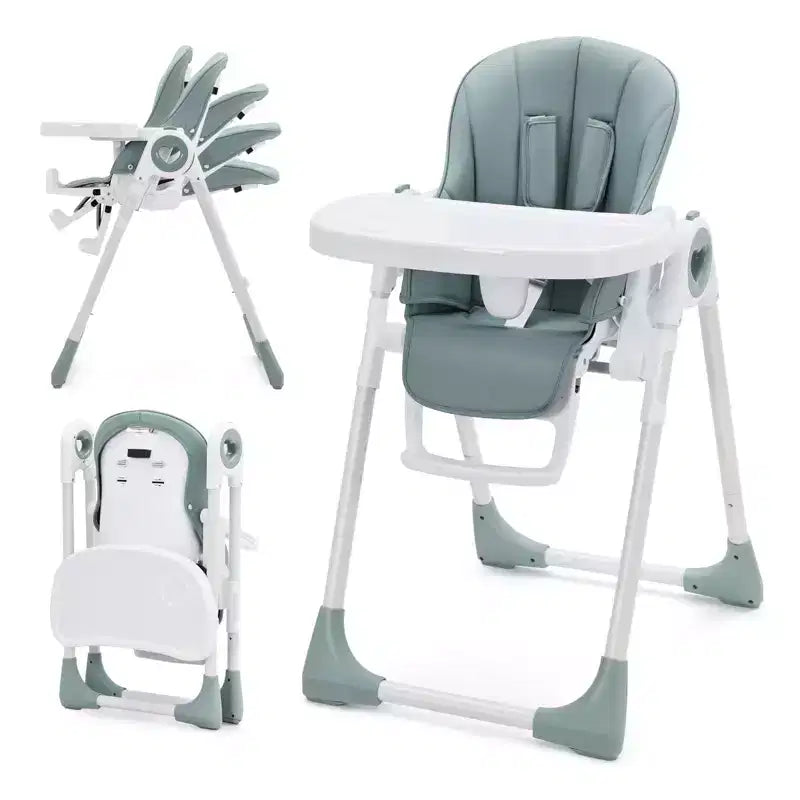 Silla alta plegable gris/verde/caqui con bandeja extraíble, para 1 niño pequeño (de 1 a 4 años)