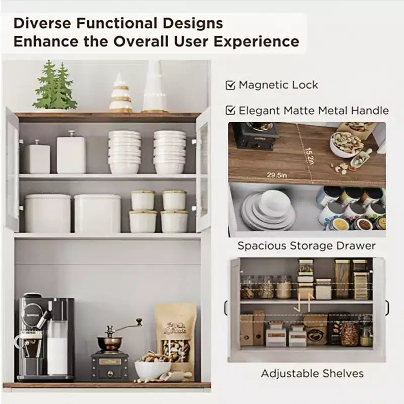 Alacena de cocina independiente gris/blanco de 71" con puertas de vidrio y soporte para microondas