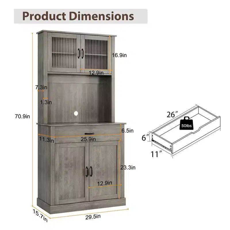 Alacena de cocina independiente gris/blanco de 71" con puertas de vidrio y soporte para microondas