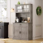 Alacena de cocina independiente gris/blanco de 71" con puertas de vidrio y soporte para microondas